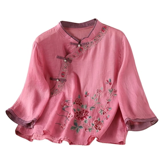 kaondbfi Summer Tops for Women Women's Retro Placket Frog Button Cotton Linen Top 3/4 Sleeve Embroidered Blouse Womens Essentials Fashion Clothing