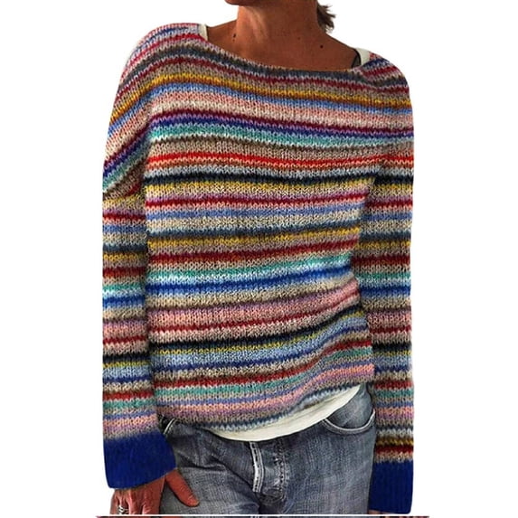 kaondbfi Sweaters for Delicate Women Knitted Isle Print Retro Sweater Casual Loose Crewneck Long Sleeve Lightweight Cropped Pullover Tops Womens Pullover Tops