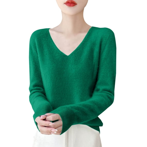 kaondbfi Sweaters for Pretty Women Autumn and Winter New Line Pure Wool V Neck Solid Color Pullover Knitted Base Sweater Womens Pullover Tops
