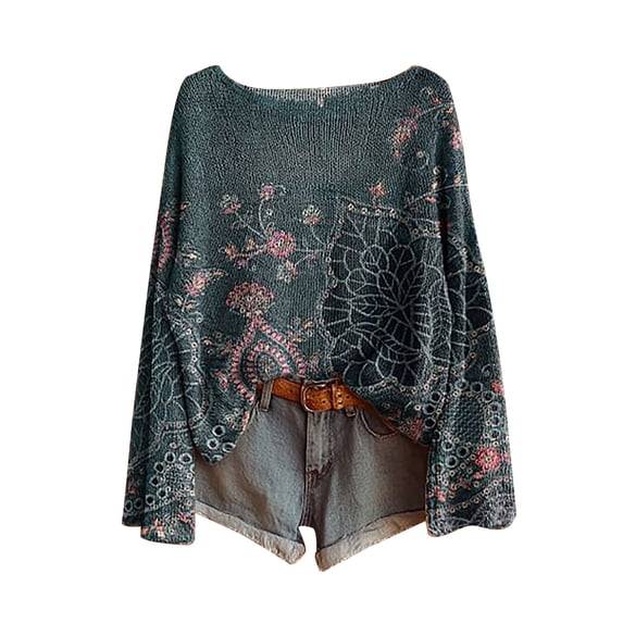 kaondbfi Sweaters for Pretty Women Long Sleeve Crewneck Print Casual Tops Winter Warm Knitted Pullover Sweater Womens Pullover Tops