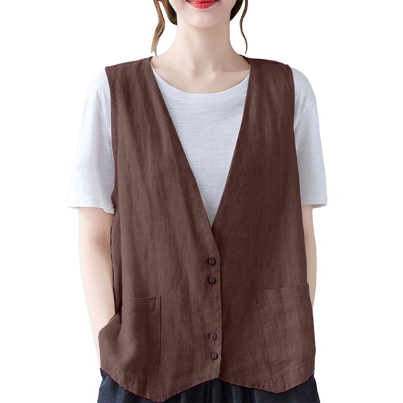kaondbfi Tank Tops for Women Womens Cotton Linen Vest Casual Loose V Neck Sleeveless Vests with Pockets Womens Fashion Summer Tops