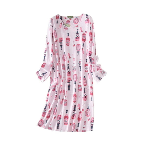 kaondbfi Trendy Cotton Women's Nightgowns, Long Sleeve Nightgowns Sleep Shirts Cute Pajama Dress Casual Printed Sleepwear Dress