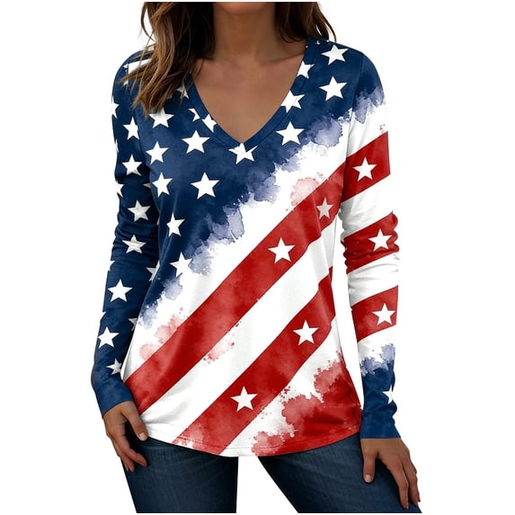 kaondbfi Trendy Tops for Women 250th Anniversary American Flag Shirt V Neck Long Sleeve Patriotic T Shirt for 4th of July Memorial Day Casual Summer Tops
