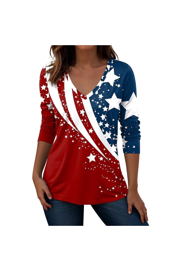 Trendy Tops for Women 250th Anniversary American Flag Shirt V Neck Long Sleeve Patriotic T Shirt for 4th of July Memorial Day Casual Summer Tops