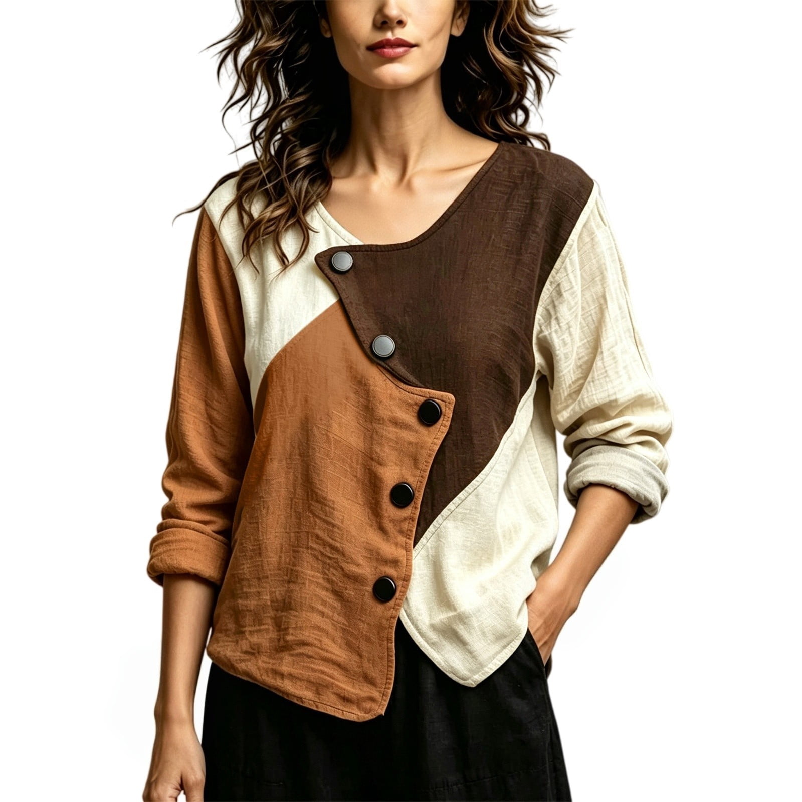 kaondbfi Women Linen Blend Shirt Asymmetrical Button V Neck Long Sleeve ...
