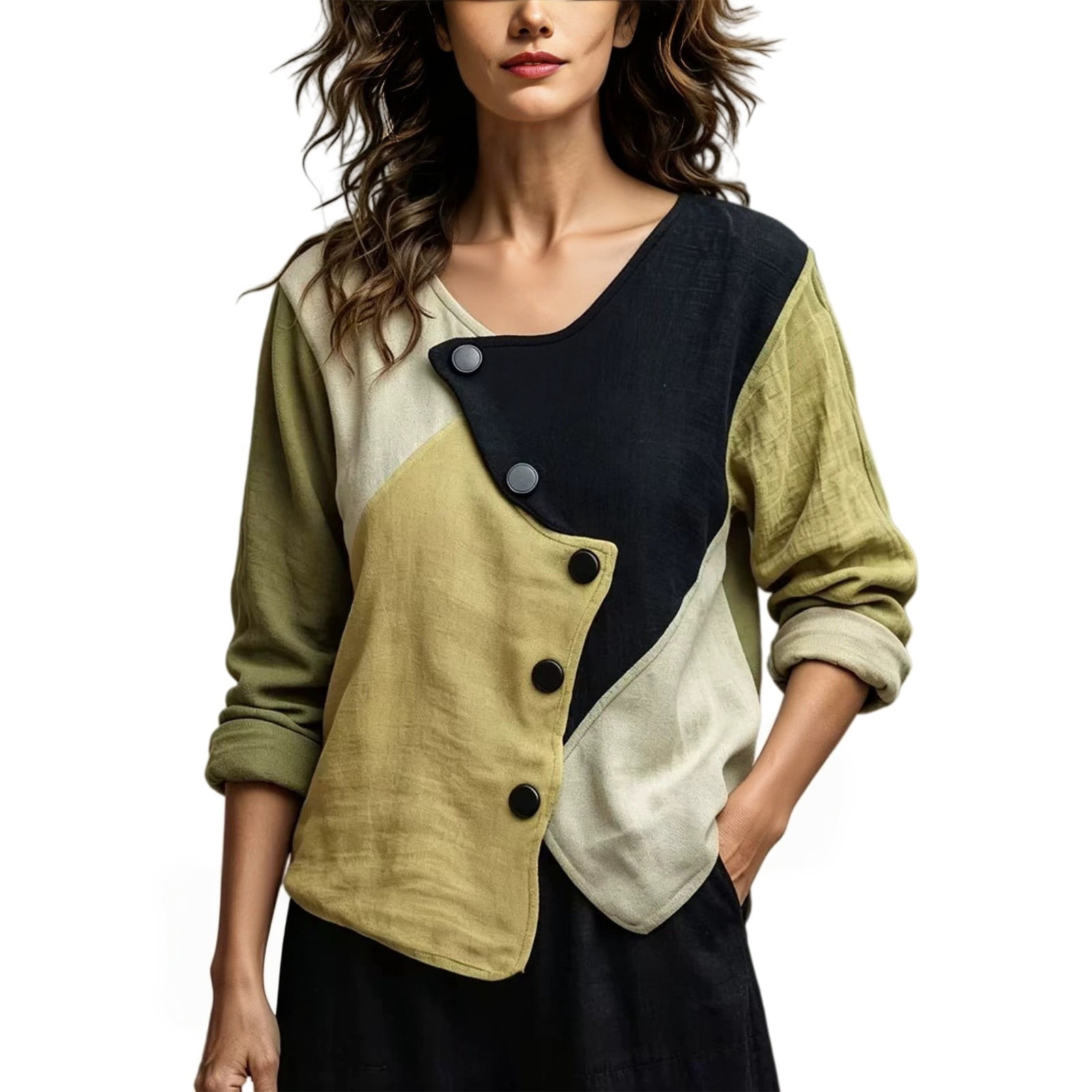 kaondbfi Women Linen Blend Shirt Asymmetrical Button V Neck Long Sleeve ...