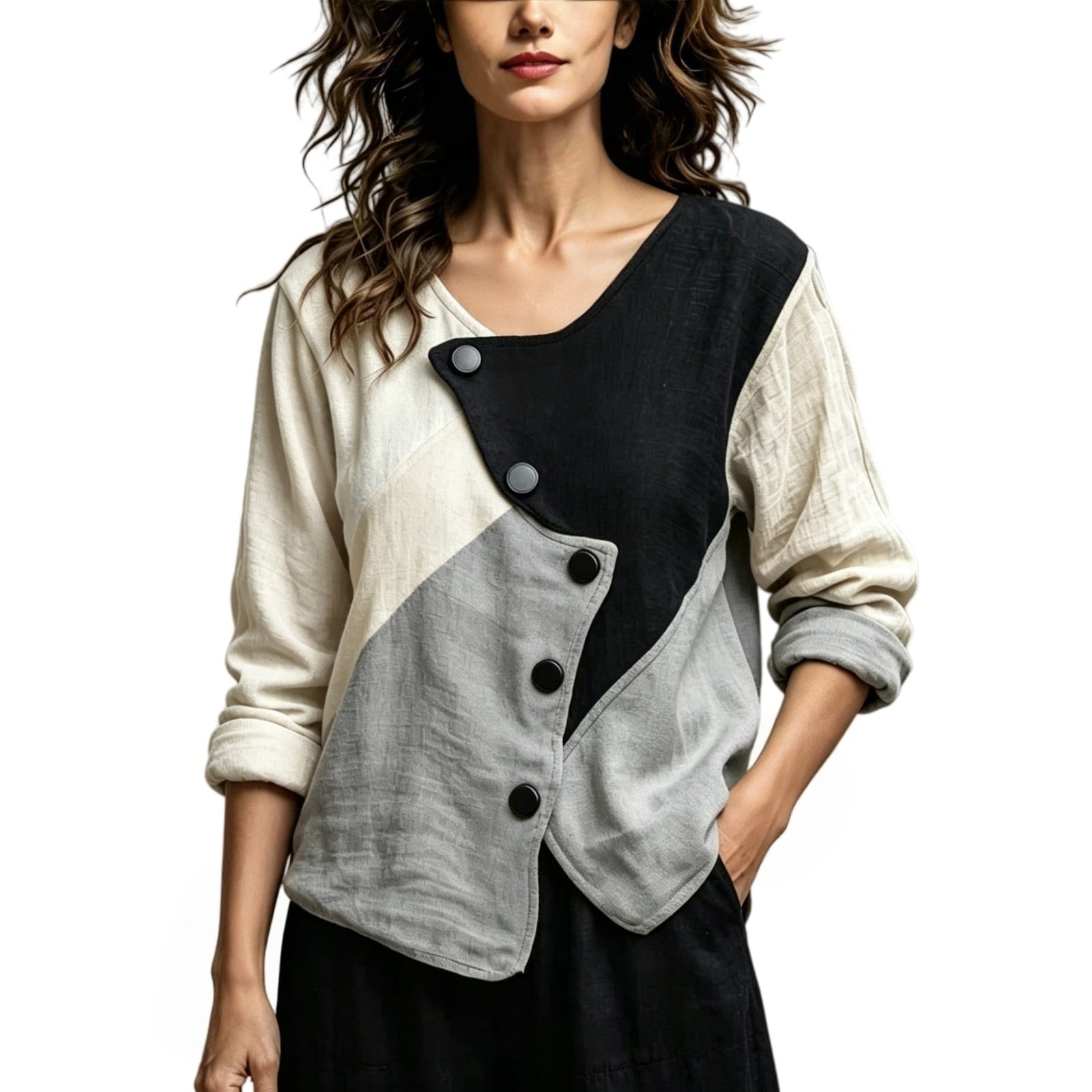 kaondbfi Women Linen Blend Shirt Asymmetrical Button V Neck Long Sleeve ...