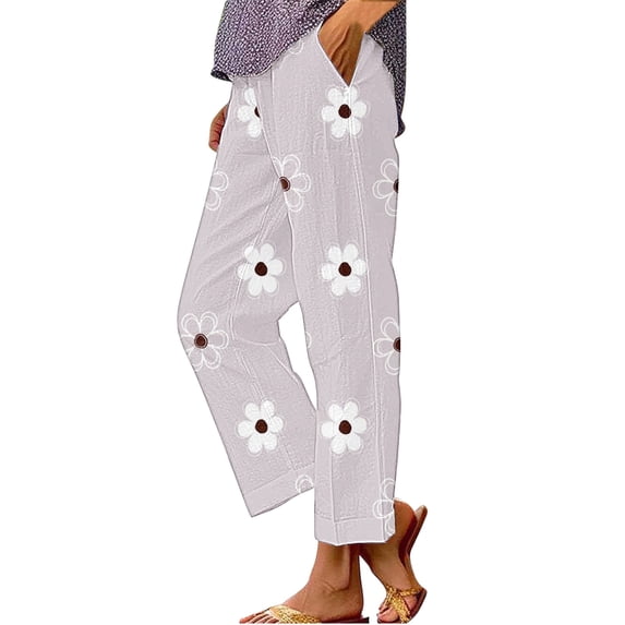kaondbfi Women's Art Flower Print Pants High Waist Casual Loose Cropped Trousers with Pockets for Summer