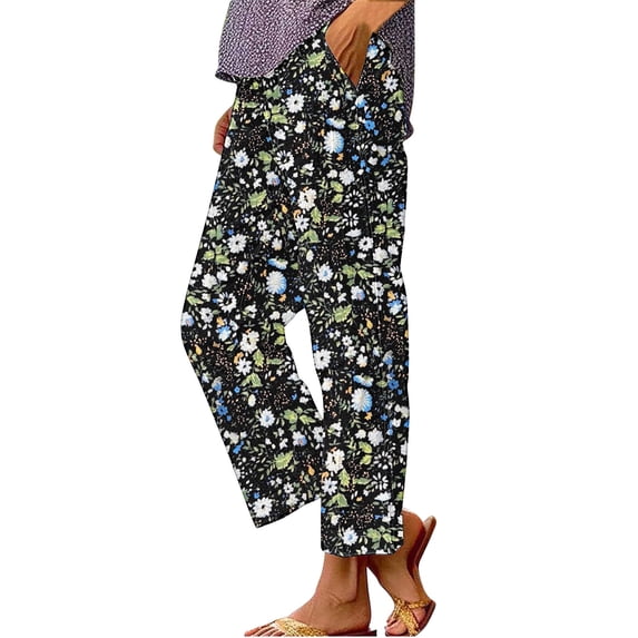 kaondbfi Women's Art Flower Print Pants High Waist Casual Loose Cropped Trousers with Pockets for Summer