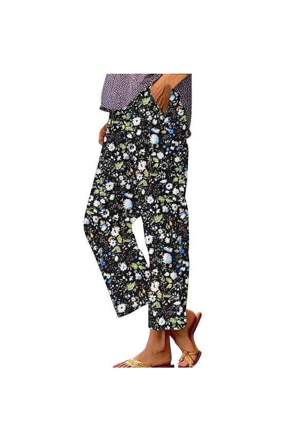 Women's Art Flower Print Pants High Waist Casual Loose Cropped Trousers with Pockets for Summer