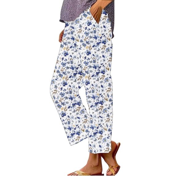 kaondbfi Women's Art Flower Print Pants High Waist Casual Loose Cropped Trousers with Pockets for Summer