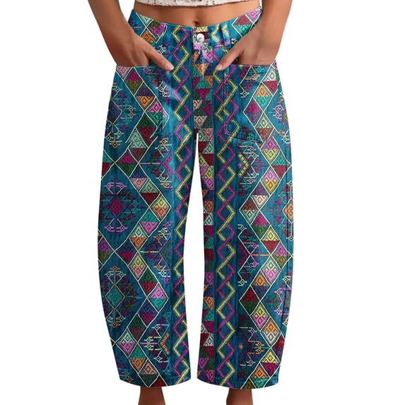 kaondbfi Women's Print Cropped Pants High Waist Button Fly Casual Loose () Fabric Baggy Trousers with Pockets for Summer