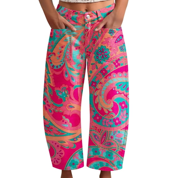 kaondbfi Women's Print Cropped Pants High Waist Button Fly Casual Loose () Fabric Baggy Trousers with Pockets for Summer
