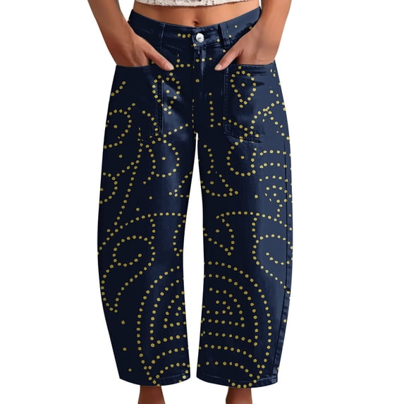kaondbfi Women's Print Cropped Pants High Waist Button Fly Casual Loose () Fabric Baggy Trousers with Pockets for Summer