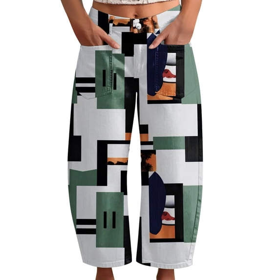 kaondbfi Women's Print Cropped Pants High Waist Button Fly Casual Loose () Fabric Baggy Trousers with Pockets for Summer