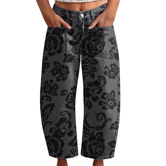 kaondbfi Women's Print Cropped Pants High Waist Button Fly Casual Loose () Fabric Baggy Trousers with Pockets for Summer