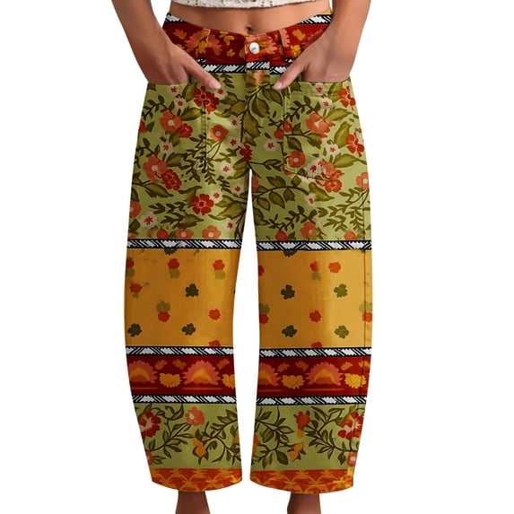kaondbfi Women's Print Cropped Pants High Waist Button Fly Casual Loose () Fabric Baggy Trousers with Pockets for Summer