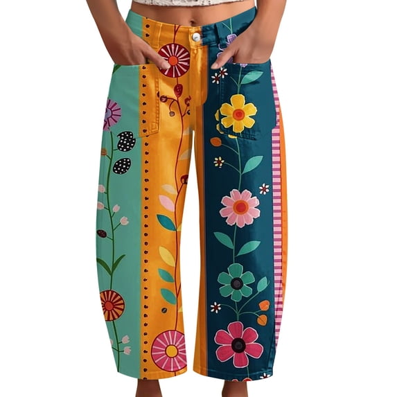kaondbfi Women's Print Cropped Pants High Waist Button Fly Casual Loose () Fabric Baggy Trousers with Pockets for Summer