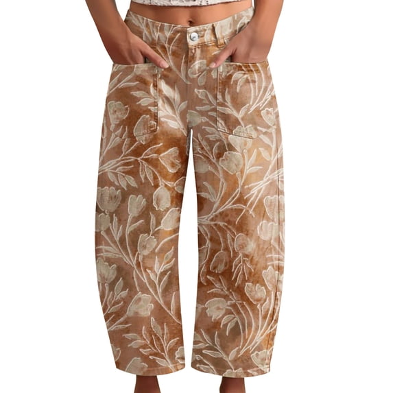 kaondbfi Women's Print Cropped Pants High Waist Button Fly Casual Loose () Fabric Baggy Trousers with Pockets for Summer