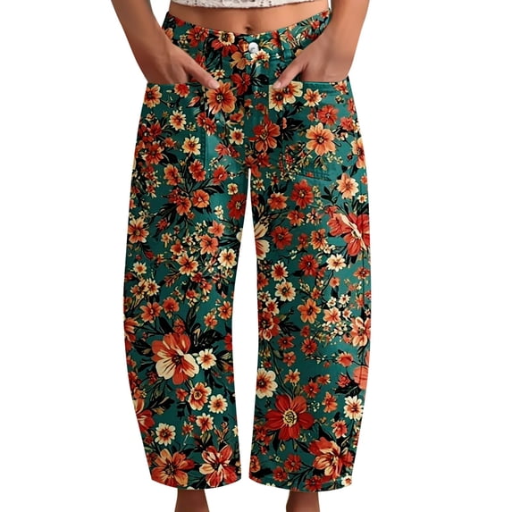 kaondbfi Women's Print Cropped Pants High Waist Button Fly Casual Loose () Fabric Baggy Trousers with Pockets for Summer