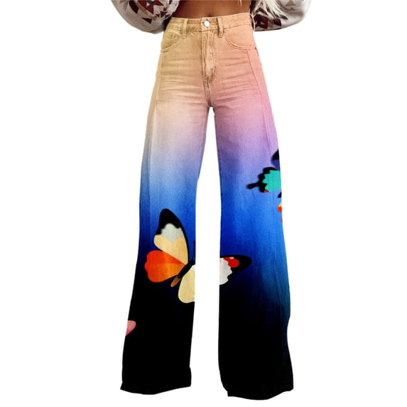 kaondbfi Women's Print Jeans Mid Waisted Wide Leg Baggy Flare Pants with Pockets Summer Jeans for Women