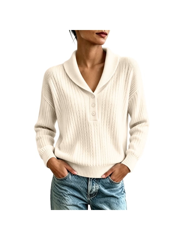 Women's V Neck Long Sleeve Knit Pullover Casual Knitted Tops Spring Fall Loose Fit Sweater for Daily Work Vacation Travel