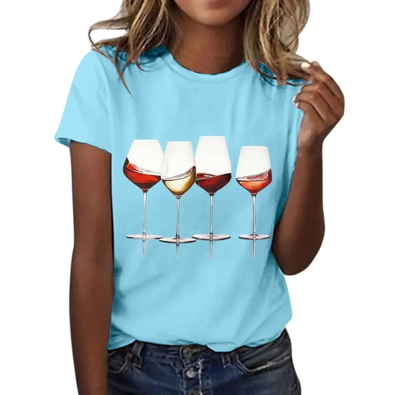 kaondbfi Women's Wine Glass Printed Shirt Short Sleeve Round Neck T Shirt Fashion Top Lightweight Soft Casual Summer Tops Womens Essentials Fashion Clothing