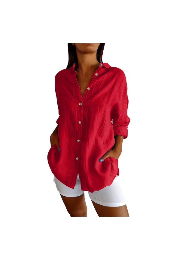 Womens Fashion Summer Essentials Clothing Cotton and Linen Button Down Shirts Solid Color Rolled Sleeve Top Casual Loose V Neck Blouse