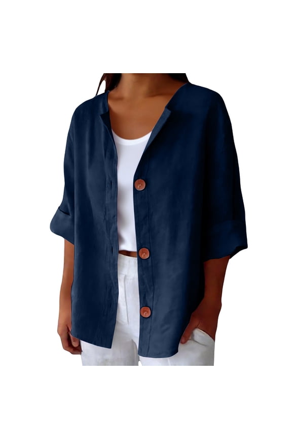 Womens Fashion Summer Essentials Clothing Linen Shirts for Women Summer Cotton Linen V Neck 3/4 Sleeve Tops Loose Vacation Beach Solid Blouses Tops