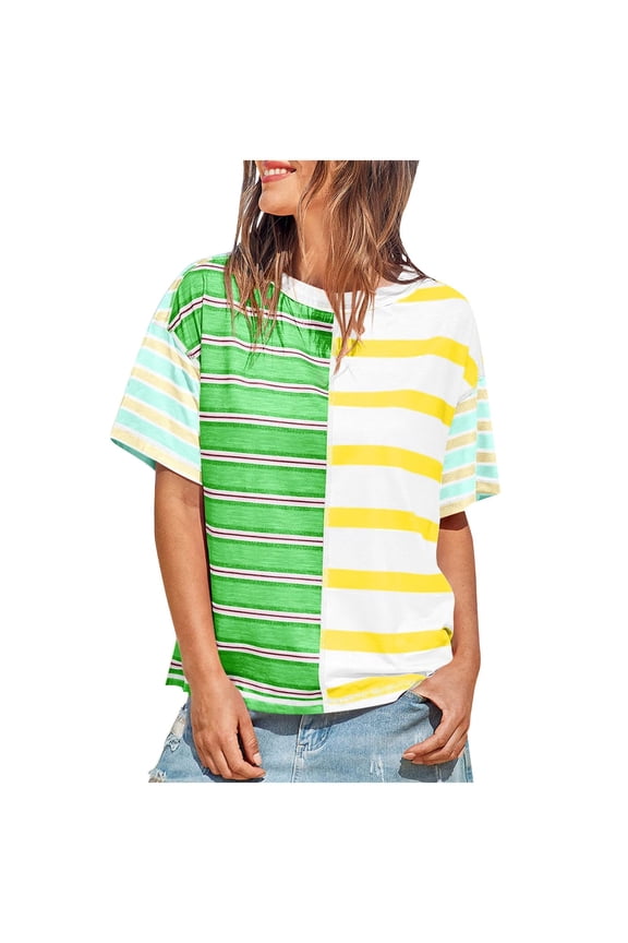 Womens Summer Striped Shirts Casual Color Block Short Sleeve Tops Loose Fit Crew Neck Tees Womens Essentials Fashion Clothing