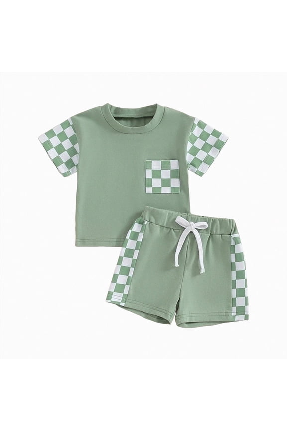 Baby Boy Clothes 6M-3T Checkered Patchwork Pocket T-Shirt and Stretch Shorts 2-Piece Set Infant Boy Outfit