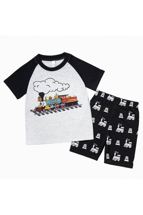 Baby Boy Clothes Boys Girls Printed Short Sleeve Shorts Clothes Casual Summer Kids Suit Color Block Train Print Tee & Shorts for Toddler Boy Outdoor Play