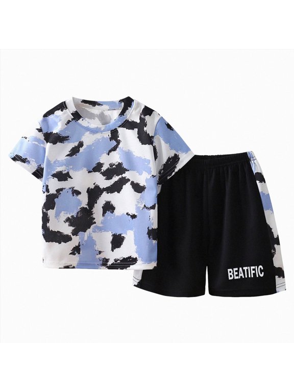 Boys Athletic Outfit Short Set Camo Print Short Sleeve T-Shirt and Color Block Shorts Sports Tracksuit