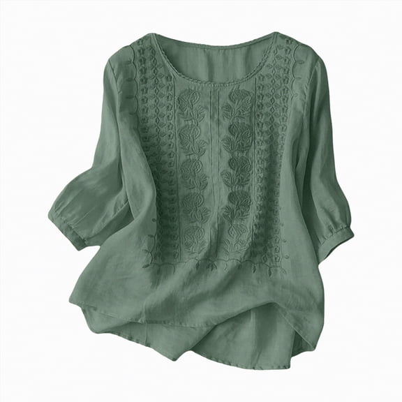 kaprioy Linen Shirts for Women Summer Retro Embroidered 3/4 Sleeve Boho Tops Dressy Casual Blouses Teacher Loose Tunics Casual Loose 3/4 Sleeve Boho Tshirts Tunic Tops Blouses Shirts