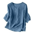 thumbnail image 1 of kaprioy Linen Shirts for Women Summer Retro Embroidered 3/4 Sleeve Boho Tops Dressy Casual Blouses Teacher Loose Tunics Blue, L, 1 of 7