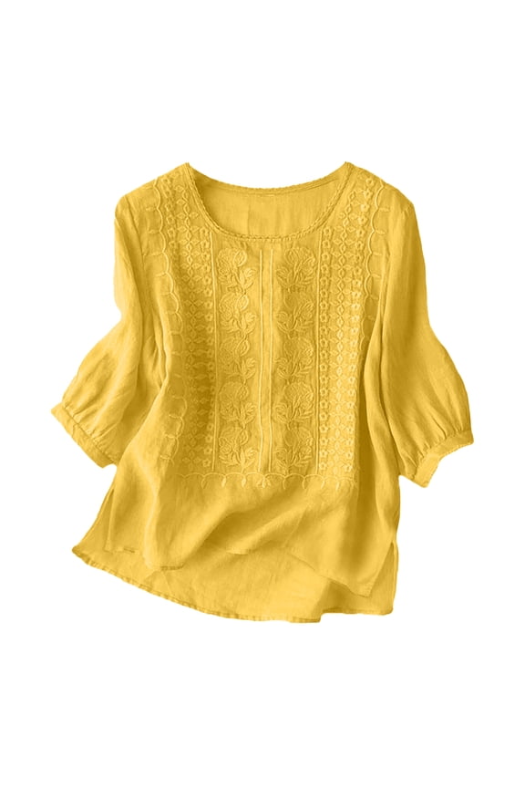 Linen Shirts for Women Summer Retro Embroidered 3/4 Sleeve Boho Tops Dressy Casual Blouses Teacher Loose Tunics Yellow, M
