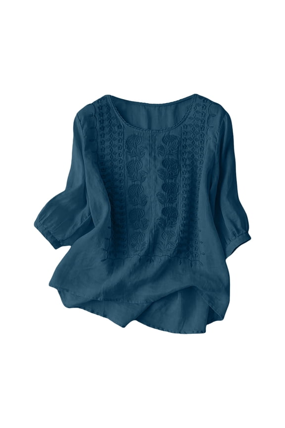 Shirts for Women Fall And Winter Retro Embroidered 3/4 Sleeve Boho Tops Dressy Casual Blouses Teacher Loose Tunics Dark Blue, L