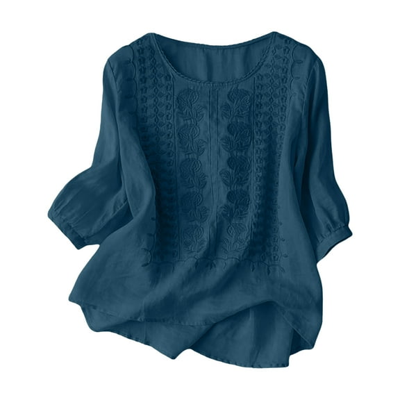 kaprioy Shirts for Women Fall And Winter Retro Embroidered 3/4 Sleeve Boho Tops Dressy Casual Blouses Teacher Loose Tunics Dark Blue, XL
