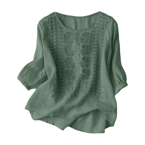 kaprioy Shirts for Women Fall And Winter Retro Embroidered 3/4 Sleeve Boho Tops Dressy Casual Blouses Teacher Loose Tunics Green2, XL
