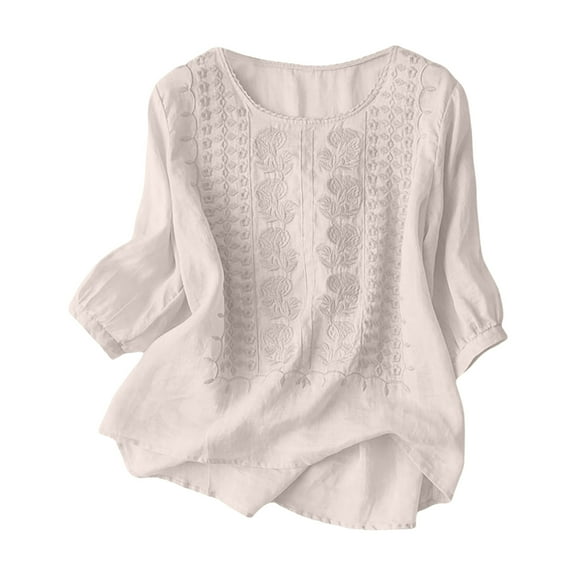 kaprioy Shirts for Women Fall And Winter Retro Embroidered 3/4 Sleeve Boho Tops Dressy Casual Blouses Teacher Loose Tunics Khaki, M