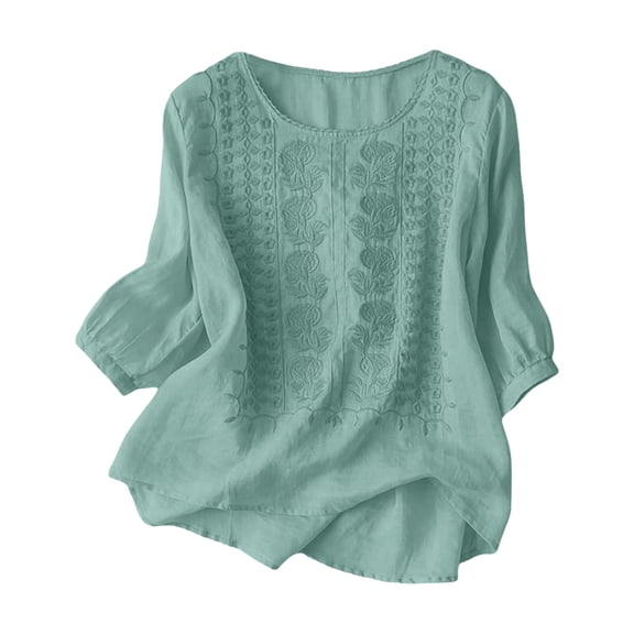 kaprioy Shirts for Women Fall And Winter Retro Embroidered 3/4 Sleeve Boho Tops Dressy Casual Blouses Teacher Loose Tunics Mint Green, XL