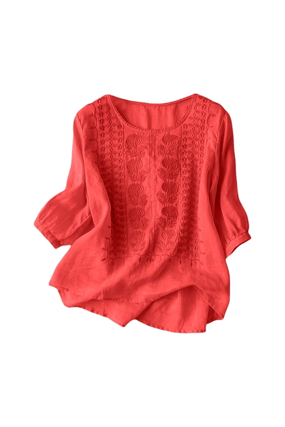 Shirts for Women Fall And Winter Retro Embroidered 3/4 Sleeve Boho Tops Dressy Casual Blouses Teacher Loose Tunics Red, XXXL
