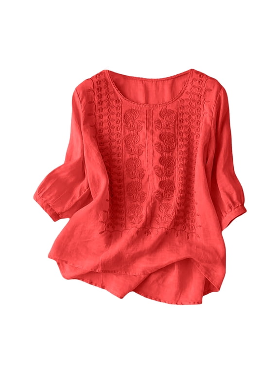 Shirts for Women Fall And Winter Retro Embroidered 3/4 Sleeve Boho Tops Dressy Casual Blouses Teacher Loose Tunics Red, XXXL