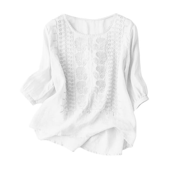 kaprioy Shirts for Women Fall And Winter Retro Embroidered 3/4 Sleeve Boho Tops Dressy Casual Blouses Teacher Loose Tunics White, XL
