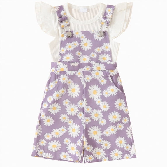kaprioy Toddler Baby Girls Summer Outfits 12 18 24 Months 2T 3T 4T 5T Solid Color Ribbed Short Sleeve T-Shirt with Daisy Printed Overall Shorts 2 Pcs Suspenders Suit