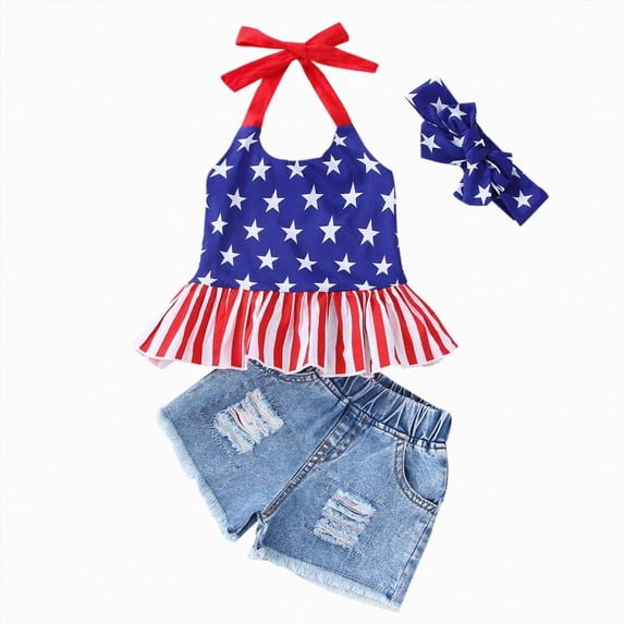 kaprioy Toddler Girl Clothes Toddler Baby Girl Summer Outfit 9 12 18 24 Months 2T 3T 4T Sleeveless Independence Day 4 Of July Star Prints Vest Tops Denim Shorts Outfits