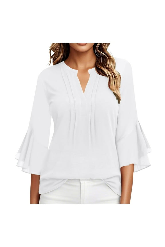 Women's 3/4 Sleeve Tops Dressy Casual Business Work Blouses Chiffon Shirts White, S
