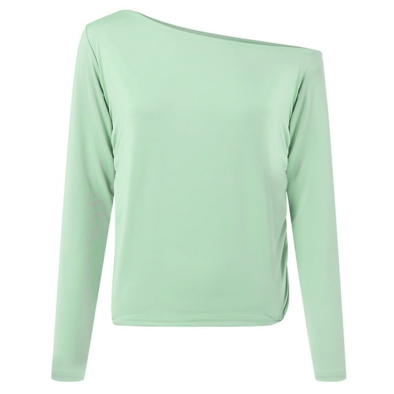 kaprioy Women's Boat Neck Tops Long Sleeve Shirts Casual Fitted Tee Shirts Solid Color Fall Basic Clothes Light Green, XS