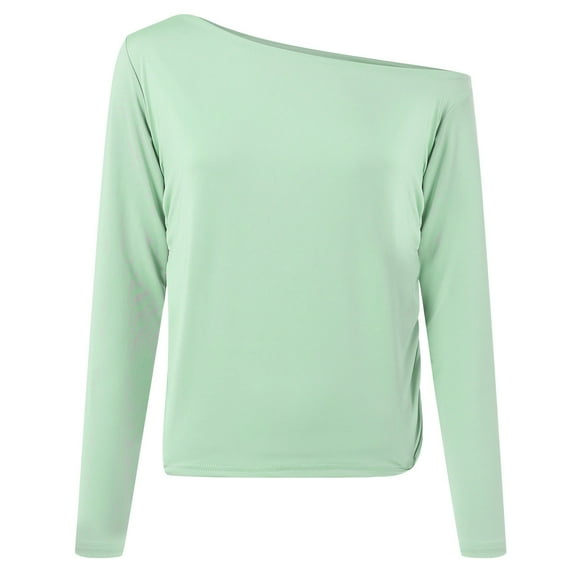 kaprioy Women's Boat Neck Tops Long Sleeve Shirts Casual Fitted Tee Shirts Solid Color Fall Basic Clothes Light Green, XS