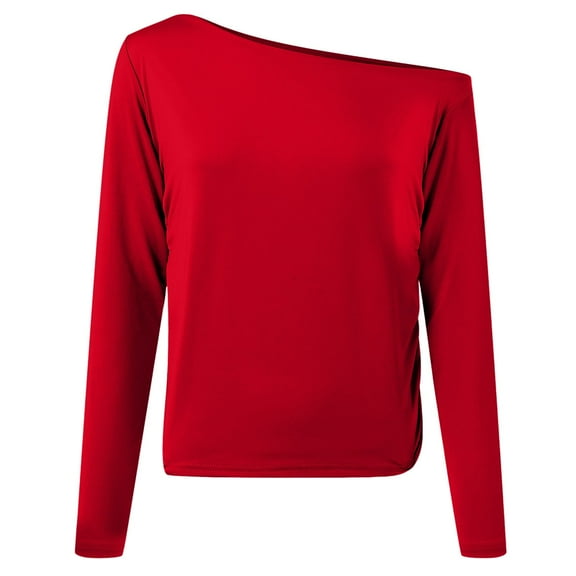 kaprioy Women's Boat Neck Tops Long Sleeve Shirts Casual Fitted Tee Shirts Solid Color Fall Basic Clothes Red, XL